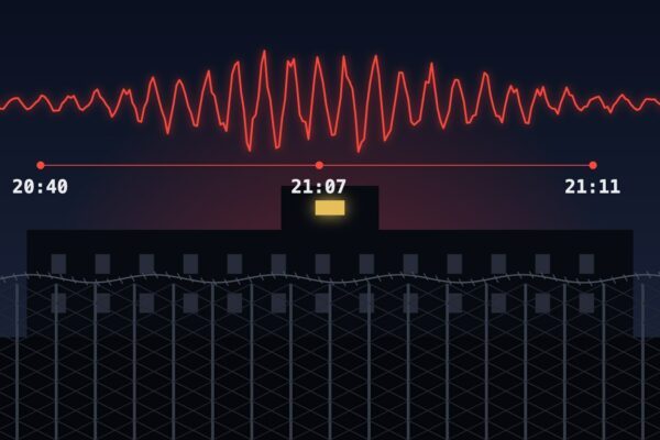Illustration: Gefängnisgebäude bei Nacht mit Notruf-Tonspur und den Uhrzeiten 20:40, 21:07 und 21:11