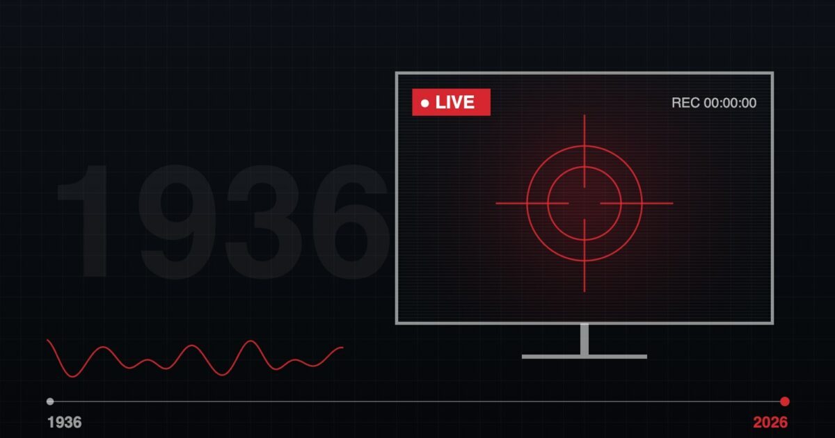 Illustration: Bildschirm mit LIVE-Einblendung und Fadenkreuz, darunter eine Zeitleiste von 1936 bis 2026